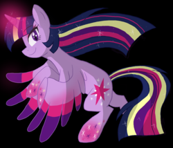 Size: 1750x1500 | Tagged: safe, artist:canisrettmajoris, twilight sparkle, alicorn, pony, g4, black background, cutie mark, female, looking at you, mare, profile, rainbow power, simple background, smiling, solo, spread wings, twilight sparkle (alicorn), wings