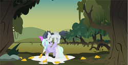 Size: 4824x2472 | Tagged: safe, artist:sorastrives, flitter, rumble, pegasus, pony, g4, colt, female, foal, froggy bottom bog, implied shipping, male, mangrove tree, mare, rescue, ship:flitterumble, shipping, silk, slime, straight, tree, wat, worms