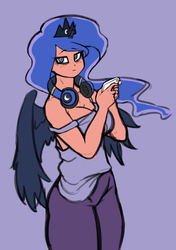 Size: 1748x2480 | Tagged: safe, artist:franschesco, princess luna, human, g4, cellphone, clothes, female, horn, horned humanization, humanized, phone, solo, winged humanization, wings