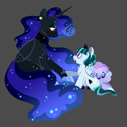 Size: 4000x4000 | Tagged: safe, artist:webkore, princess luna, oc, oc:cloudy skies, oc:supernova, g4, female, mother and child, parent:princess luna