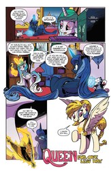 Size: 995x1529 | Tagged: safe, artist:andypriceart, idw, official comic, golden feather, princess celestia, princess luna, queen chrysalis, tiberius, alicorn, opossum, pegasus, pony, g4, spoiler:comic, spoiler:comic65, amulet, comic, discussion in the comments, disguise, female, jewelry, magic, mare, playing card, ponyloaf, preview, raised hoof, sarcasm, speech bubble, telekinesis