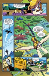 Size: 995x1529 | Tagged: safe, artist:andypriceart, idw, official comic, golden feather, princess celestia, pegasus, pony, g4, spoiler:comic, spoiler:comic65, braided tail, comic, eye clipping through hair, female, flying, frasier crane, horses doing horse things, lapping, map, map of equestria, mare, preview, seaddle, smiling, speech bubble, spread wings, tongue out, unicorn range, wings