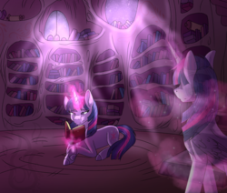 Size: 2048x1740 | Tagged: safe, artist:fireheartsk, twilight sparkle, alicorn, pony, unicorn, g4, book, crepuscular rays, cutie mark, duality, female, glowing horn, golden oaks library, horn, library, lying down, magic, mare, memory, reading, solo, telekinesis, transparent, twilight sparkle (alicorn)