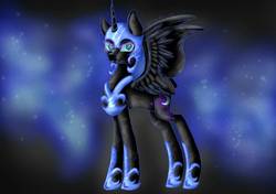 Size: 1024x719 | Tagged: safe, artist:fireheartsk, nightmare moon, alicorn, pony, g4, black background, cutie mark, ethereal mane, fangs, female, helmet, jewelry, looking at you, mare, regalia, simple background, solo, spread wings, starry mane, wings