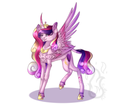 Size: 2048x1740 | Tagged: safe, artist:fireheartsk, princess cadance, alicorn, pony, g4, beauty mark, body markings, chest fluff, curved horn, cutie mark, ear fluff, female, horn, jewelry, leonine tail, mare, one eye closed, one wing out, regalia, simple background, smiling, solo, white background