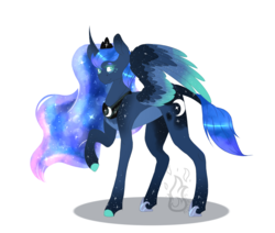 Size: 2048x1740 | Tagged: safe, artist:fireheartsk, princess luna, alicorn, pony, g4, alternate design, cutie mark, ethereal mane, female, jewelry, leonine tail, looking at you, mare, regalia, short tail, simple background, smiling, solo, spread wings, starry mane, white background, wings