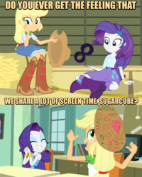 Size: 2048x2561 | Tagged: safe, edit, edited screencap, screencap, applejack, rarity, equestria girls, equestria girls specials, g4, my little pony equestria girls: better together, my little pony equestria girls: forgotten friendship, my little pony equestria girls: rainbow rocks, breaking the fourth wall, cropped, duo, high res, image macro, implied lesbian, implied rarijack, implied shipping, meme, shipping fuel, sugarcube