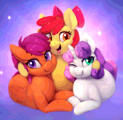 Size: 700x683 | Tagged: safe, artist:mrscurlystyles, artist:rodrigues404, apple bloom, scootaloo, sweetie belle, earth pony, pegasus, pony, unicorn, g4, adorabloom, animated, animated background, cinemagraph, collaboration, curly is trying to murder us, cute, cutealoo, cutie mark crusaders, cutie mark cuties, diasweetes, female, filly, hair ribbon, horn, one eye closed, open mouth, smiling, sparkles, trio, wings