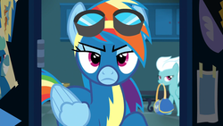 Size: 1920x1080 | Tagged: safe, screencap, fleetfoot, rainbow dash, pegasus, pony, g4, grannies gone wild, annoyed, clothes, duffle bag, female, goggles, mare, mouth hold, solo focus, uniform, wonderbolts uniform