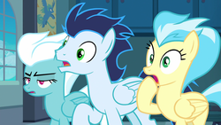Size: 1920x1080 | Tagged: safe, screencap, fleetfoot, misty fly, soarin', pegasus, pony, g4, grannies gone wild, female, male, mare, open mouth, raised hoof, shocked, stallion, trio