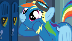 Size: 1920x1080 | Tagged: safe, screencap, rainbow dash, pegasus, pony, g4, grannies gone wild, season 8, clothes, cute, dashabetes, female, goggles, hoof on cheek, locker room, mare, solo, sparkly eyes, uniform, wingding eyes, wonderbolts uniform