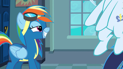Size: 1920x1080 | Tagged: safe, screencap, rainbow dash, soarin', pegasus, pony, g4, grannies gone wild, bedroom eyes, clothes, female, goggles, grin, lidded eyes, locker room, mare, out of context, smiling, solo focus, uniform, wonderbolts uniform