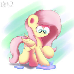 Size: 3000x3000 | Tagged: safe, artist:bronybehindthedoor, fluttershy, pony, g4, female, high res, puddle, solo, splash