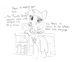 Size: 1674x1440 | Tagged: safe, artist:tjpones edits, edit, editor:dsp2003, twilight sparkle, alicorn, pony, g4, bipedal, bipedal leaning, black and white, book, dialogue, female, grayscale, implied anon, leaning, looking at you, looking back, looking back at you, mare, monochrome, reading, rear view, simple background, solo, subtle as a train wreck, talking to viewer, twilight sparkle (alicorn), white background
