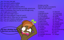 Size: 1280x800 | Tagged: safe, artist:reddcoal, a.k. yearling, adagio dazzle, apple fritter, aria blaze, big macintosh, bon bon, button mash, cheerilee, coloratura, discord, fleetfoot, garble, limestone pie, little strongheart, lucky clover, lyra heartstrings, marble pie, octavia melody, pacific glow, pharynx, prince blueblood, princess ember, quibble pants, sonata dusk, spitfire, starlight glimmer, sugar belle, sweetie drops, thorax, trixie, zecora, changeling, diamond dog, g4, birthday game, colt, countess coloratura, exploitable meme, foal, male, meme, open mouth, show accurate, text