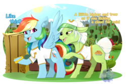 Size: 3000x2000 | Tagged: safe, artist:sinrinf, granny smith, rainbow dash, pegasus, pony, g4, grannies gone wild, adorasmith, apple, apple tree, chest fluff, clothes, cute, dashabetes, dialogue, ear fluff, food, game, hay bale, high res, horseshoes, mane, shirt, simple background, spread wings, sun, sweet apple acres, t-shirt, transparent background, tree, wings