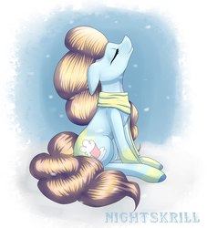 Size: 1863x2048 | Tagged: safe, artist:nightskrill, oc, oc only, earth pony, pony, clothes, eyes closed, female, floppy ears, mare, scarf, snow, snowfall, solo