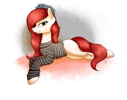 Size: 1024x801 | Tagged: safe, artist:nightskrill, oc, oc only, earth pony, pony, bedroom eyes, clothes, female, floral head wreath, flower, lying, mare, solo