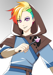 Size: 990x1400 | Tagged: safe, artist:bakki, oc, oc only, oc:rainbow feather, human, cloak, clothes, commission, humanized, interspecies offspring, magical lesbian spawn, not rainbow dash, offspring, parent:gilda, parent:rainbow dash, parents:gildash, solo, wand