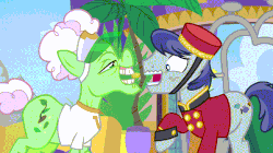 Size: 652x366 | Tagged: safe, screencap, auntie applesauce, welcome inn, earth pony, pony, g4, grannies gone wild, animated, auntie applesaucy, female, gif, male, stallion
