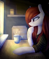 Size: 1718x2048 | Tagged: safe, artist:nightskrill, oc, oc only, earth pony, pony, clothes, female, indoors, looking out the window, mare, mug, profile, solo, table, tattoo, window