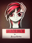 Size: 1536x2048 | Tagged: safe, artist:adagiostring, oc, oc only, oc:blackjack, pony, unicorn, fallout equestria, fallout equestria: project horizons, bust, crossover, fanfic, fanfic art, female, head, horn, mare, markers, portrait, smiling, solo, text, traditional art