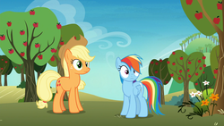 Size: 1920x1080 | Tagged: safe, screencap, applejack, rainbow dash, pegasus, pony, g4, grannies gone wild, apple tree, tree