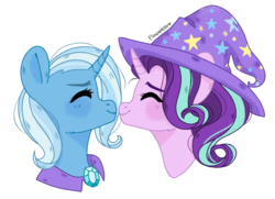 Size: 1380x1000 | Tagged: safe, artist:fioweress, starlight glimmer, trixie, pony, unicorn, g4, clothes, cute, diatrixes, female, glimmerbetes, hat, lesbian, ship:startrix, shipping, simple background, transparent background, trixie's hat