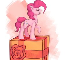 Size: 1024x853 | Tagged: safe, artist:nightskrill, pinkie pie, earth pony, pony, g4, ear fluff, eyes closed, female, mare, open mouth, present, raised hoof, solo