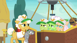 Size: 1920x1080 | Tagged: safe, screencap, apple rose, auntie applesauce, cherry berry, goldie delicious, granny smith, cat, earth pony, pegasus, pony, g4, grannies gone wild, aviator hat, clothes, elderly, female, goggles, gold horseshoe gals, hot air balloon, mare, shirt, t-shirt, visor
