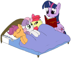 Size: 2461x2023 | Tagged: safe, artist:sparklesk, apple bloom, scootaloo, sweetie belle, twilight sparkle, g4, bed, blanket, book, cutie mark crusaders, high res, pillow, simple background, sleeping, transparent background