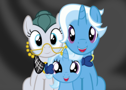 Size: 2704x1924 | Tagged: safe, artist:badumsquish, derpibooru exclusive, cloudy quartz, jack pot, trixie, earth pony, pony, unicorn, g4, grannies gone wild, adoraquartz, alternate hairstyle, bow, bowtie, cute, dark background, diatrixes, family photo, father and daughter, female, filly, filly trixie, glasses, hair bun, implications, looking at you, male, mother and daughter, pose, show accurate, simple background, smiling, the implications are horrible, trio, younger