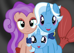 Size: 2704x1924 | Tagged: safe, artist:badumsquish, derpibooru exclusive, jack pot, trixie, half-pony, mermaid, merpony, pony, unicorn, g4, grannies gone wild, alternate hairstyle, bow, bowtie, dark background, family photo, father and daughter, female, filly, looking at you, male, mother and daughter, not a seapony, not an oc, pose, show accurate, simple background, smiling, trio