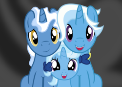 Size: 2704x1924 | Tagged: safe, artist:badumsquish, derpibooru exclusive, jack pot, pokey pierce, trixie, pony, unicorn, g4, grannies gone wild, alternate hairstyle, bow, bowtie, dark background, family photo, father and daughter, female, filly, gay, jackpierce, looking at you, magical gay spawn, male, pose, shipping, show accurate, simple background, smiling, trio