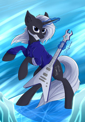 Size: 1280x1854 | Tagged: safe, artist:muffinkarton, oc, oc only, pony, unicorn, beard, elias frost, everfree encore, facial hair, flying v, guitar, ice, musical instrument, poster, snow, solo