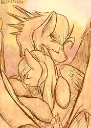 Size: 771x1080 | Tagged: safe, artist:nightskrill, oc, oc only, pony, duo, eyes closed, female, hug, male, monochrome, shipping, sketch, straight