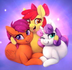 Size: 1200x1170 | Tagged: safe, artist:mrscurlystyles, artist:rodrigues404, apple bloom, scootaloo, sweetie belle, earth pony, pegasus, pony, unicorn, g4, adorabloom, collaboration, cute, cutealoo, cutie mark crusaders, cutie mark cuties, diasweetes, female, filly, hair ribbon, hnnng, horn, looking at you, one eye closed, open mouth, smiling, sparkles, trio