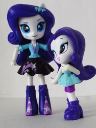 Size: 1050x1400 | Tagged: safe, artist:whatthehell!?, rarity, equestria girls, equestria girls series, g4, boots, clothes, doll, dress, duality, equestria girls minis, irl, photo, self paradox, shoes, skirt, smiling, stars, toy, ultra minis
