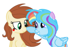 Size: 1056x688 | Tagged: dead source, safe, artist:rainbows-skies, oc, oc only, oc:brownie paw, oc:colour sparkling, alicorn, pegasus, pony, base used, boop, female, magical lesbian spawn, mare, offspring, parent:rainbow dash, parent:twilight sparkle, parents:twidash, simple background, transparent background