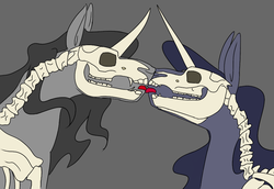 Size: 898x619 | Tagged: safe, artist:holka13, king sombra, princess luna, skeleton pony, g4, alternate hairstyle, bone, curved horn, female, flowing mane, horn, kissing, male, missing accessory, nuzzling, ship:lumbra, shipping, skeleton, straight, x-ray