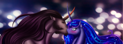 Size: 2496x888 | Tagged: safe, artist:silverwolf866, king sombra, princess luna, pony, unicorn, g4, blushing, curved horn, duo, female, flowing mane, horn, kiss on the lips, kissing, male, missing accessory, ship:lumbra, shipping, sideburns, straight, surprise kiss, surprised