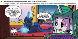 Size: 688x347 | Tagged: safe, artist:andy price, idw, princess celestia, princess luna, queen chrysalis, tiberius, alicorn, duck pony, hybrid, opossum, pegasus, pony, g4, horse play, spoiler:comic, spoiler:comic65, :o, animal, book, card, comic, female, foreshadowing, levitation, magic, mare, open mouth, pony hybrid, ponyloaf, preview, prone, speech bubble, telekinesis