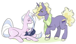 Size: 900x527 | Tagged: safe, artist:egophiliac, part of a set, boysenberry pie, milky way, powder, pony, unicorn, slice of pony life, g1, g4, description is relevant, family, father and daughter, female, filly, g1 to g4, generation leap, male, mare, mother and daughter, prone, raised hoof, simple background, stallion, trio, white background