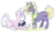 Size: 900x527 | Tagged: safe, artist:egophiliac, part of a set, boysenberry pie, milky way, powder, pony, unicorn, slice of pony life, g1, g4, description is relevant, family, father and daughter, female, filly, g1 to g4, generation leap, male, mare, mother and child, mother and daughter, prone, raised hoof, simple background, stallion, trio, white background