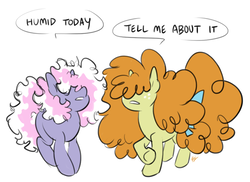 Size: 650x473 | Tagged: safe, artist:egophiliac, part of a set, powder, pumpkin cake, pony, unicorn, slice of pony life, g1, g4, comic, dialogue, duo, female, filly, frizzy hair, g1 to g4, garfield, generation leap, messy mane, older, older powder, older pumpkin cake, raised hoof, signature, simple background, speech bubble, white background