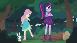 Size: 2208x1242 | Tagged: safe, screencap, angel bunny, fluttershy, sci-twi, twilight sparkle, butterfly, equestria girls, equestria girls series, g4, stressed in show, stressed in show: fluttershy, boots, bowtie, clothes, dress, geode of telekinesis, glasses, log, looking down, magical geodes, mud, muddy, open mouth, ponytail, raised leg, sad, shoes, skirt, smiling, tree