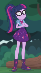 Size: 1242x2208 | Tagged: safe, screencap, sci-twi, twilight sparkle, equestria girls, g4, my little pony equestria girls: better together, stressed in show, stressed in show: fluttershy, boots, bowtie, clothes, cropped, female, geode of telekinesis, glasses, legs, log, magical geodes, mud, muddy, ponytail, shoes, skirt, solo