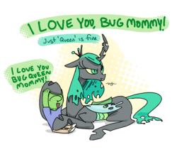 Size: 992x850 | Tagged: safe, artist:adequality, artist:nobody, queen chrysalis, oc, oc:anon, changeling, changeling queen, human, g4, bugmom, clothes, dialogue, female, kid anon, male, mommy chrissy, pants, prone, shirt, simple background, smiling, speech bubble, transparent background, wat