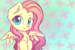Size: 1920x1300 | Tagged: safe, artist:moon-wing, fluttershy, pegasus, pony, g4, bust, chest fluff, chibi, cute, cutie mark background, ear fluff, female, hooves to the chest, leg fluff, looking at you, mare, portrait, shyabetes, solo, spread wings, wings