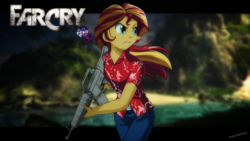 Size: 2560x1440 | Tagged: safe, artist:ngrycritic, sunset shimmer, equestria girls, g4, belt, clothes, equestria girls logo, far cry, female, gun, jeans, looking back, pants, plaid shirt, solo, uotapo-ish, video game, video game crossover, weapon